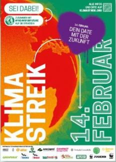 Plakat mit Aufschrift KLIMASTREIK, 14. Februar
