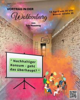 Grafik: eine Gruppe von Menschen sitzt zusamen in einem Raum vor einer Leinwand, darauf die Frage: Nachhaltiger Konsum – geht das überhaupt?